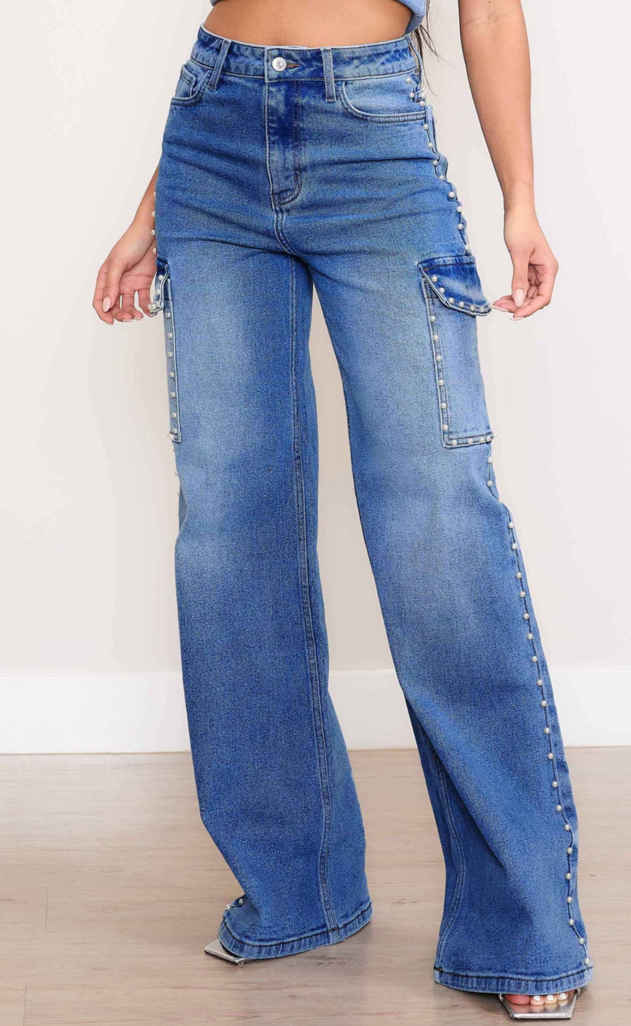 Vibrant High Waist Pearl Detail Jean