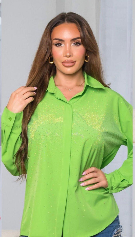 Neon Green Rhinestone Button Down Shirt