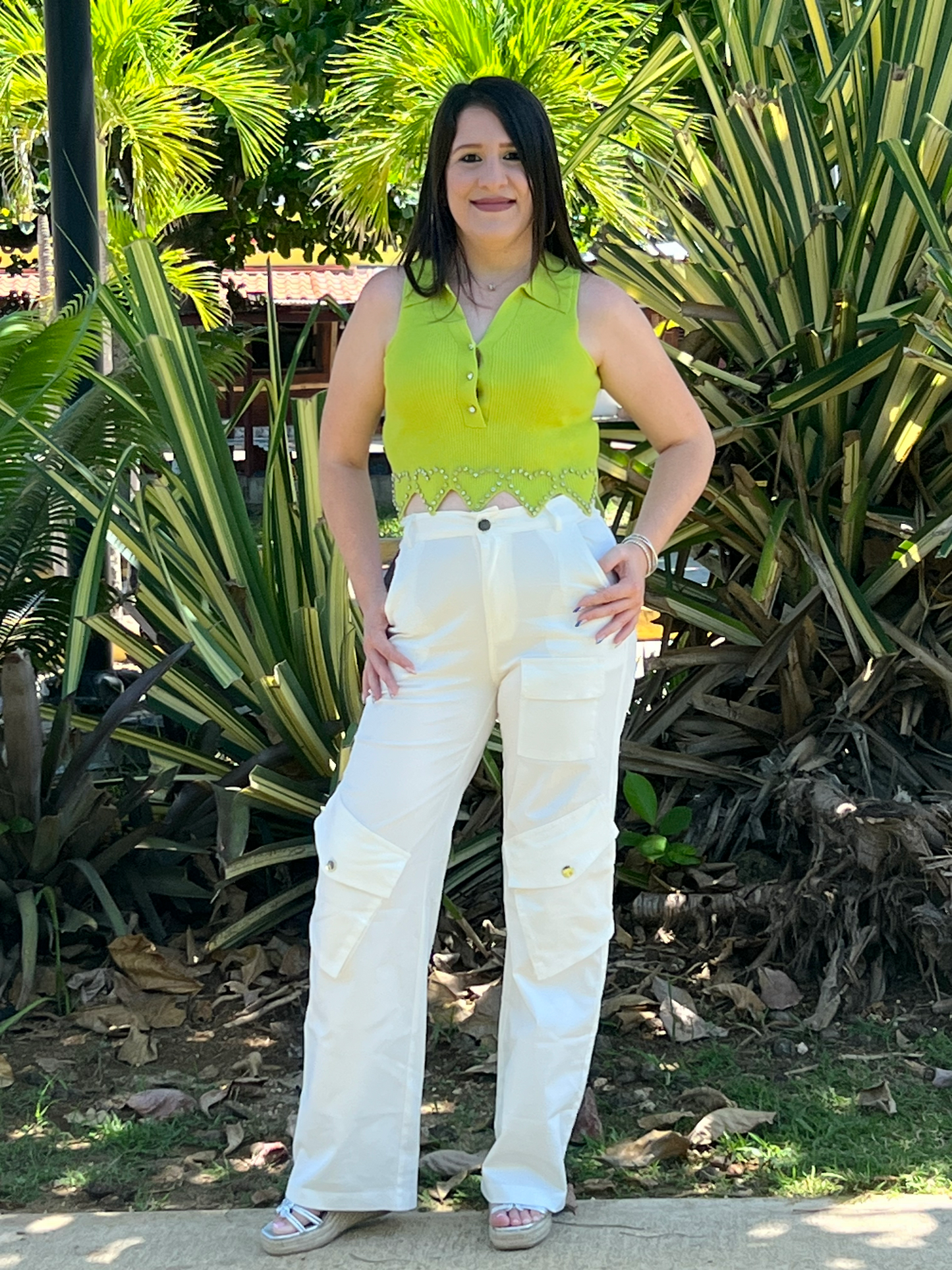 Green heart rhinestone detail crop top