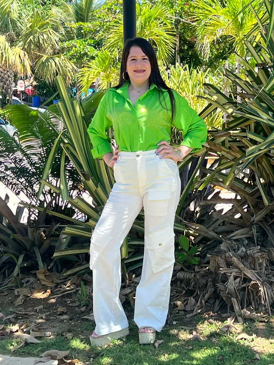 Neon Green Rhinestone Button Down Shirt