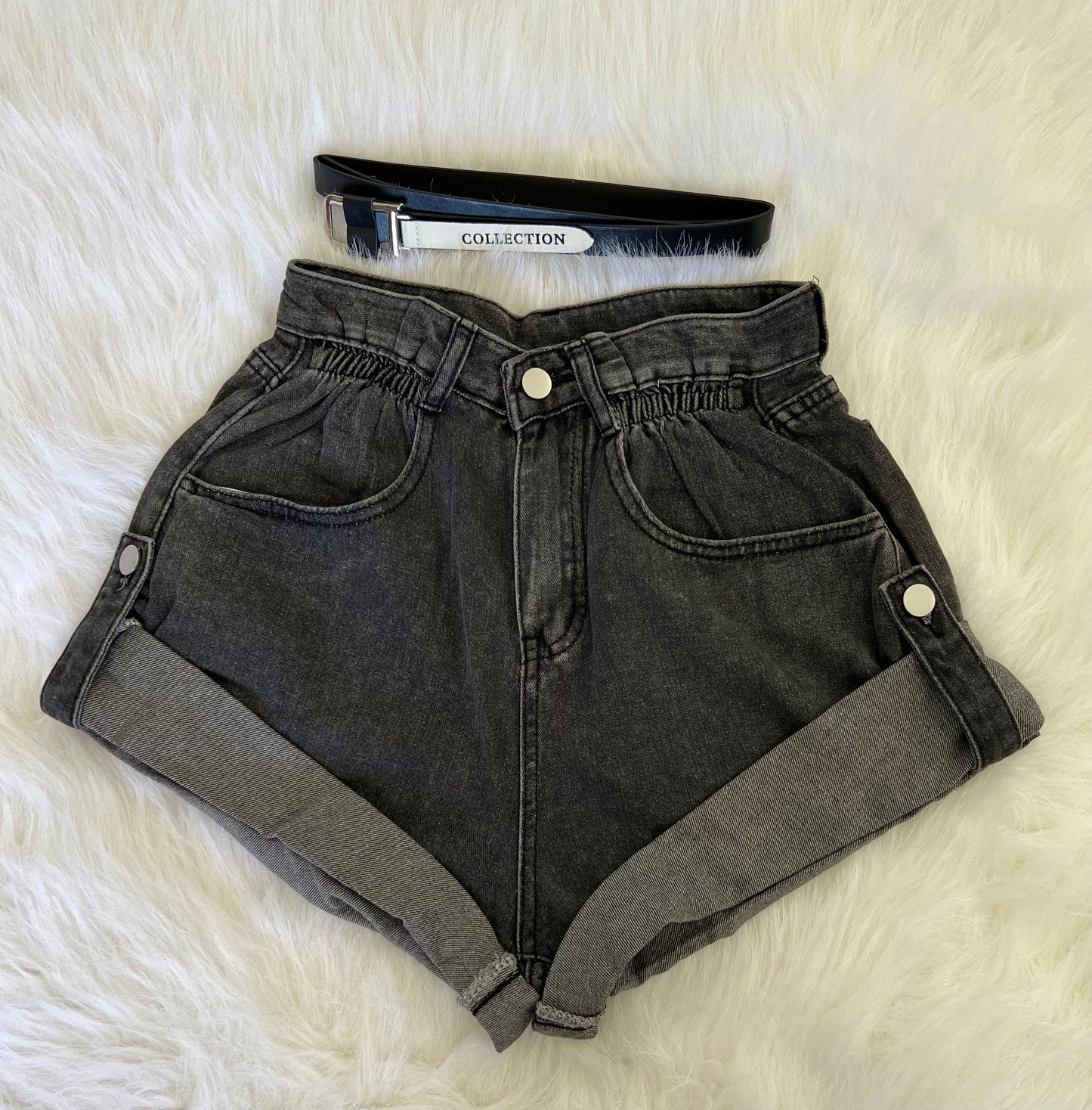 Black belted washed denim short